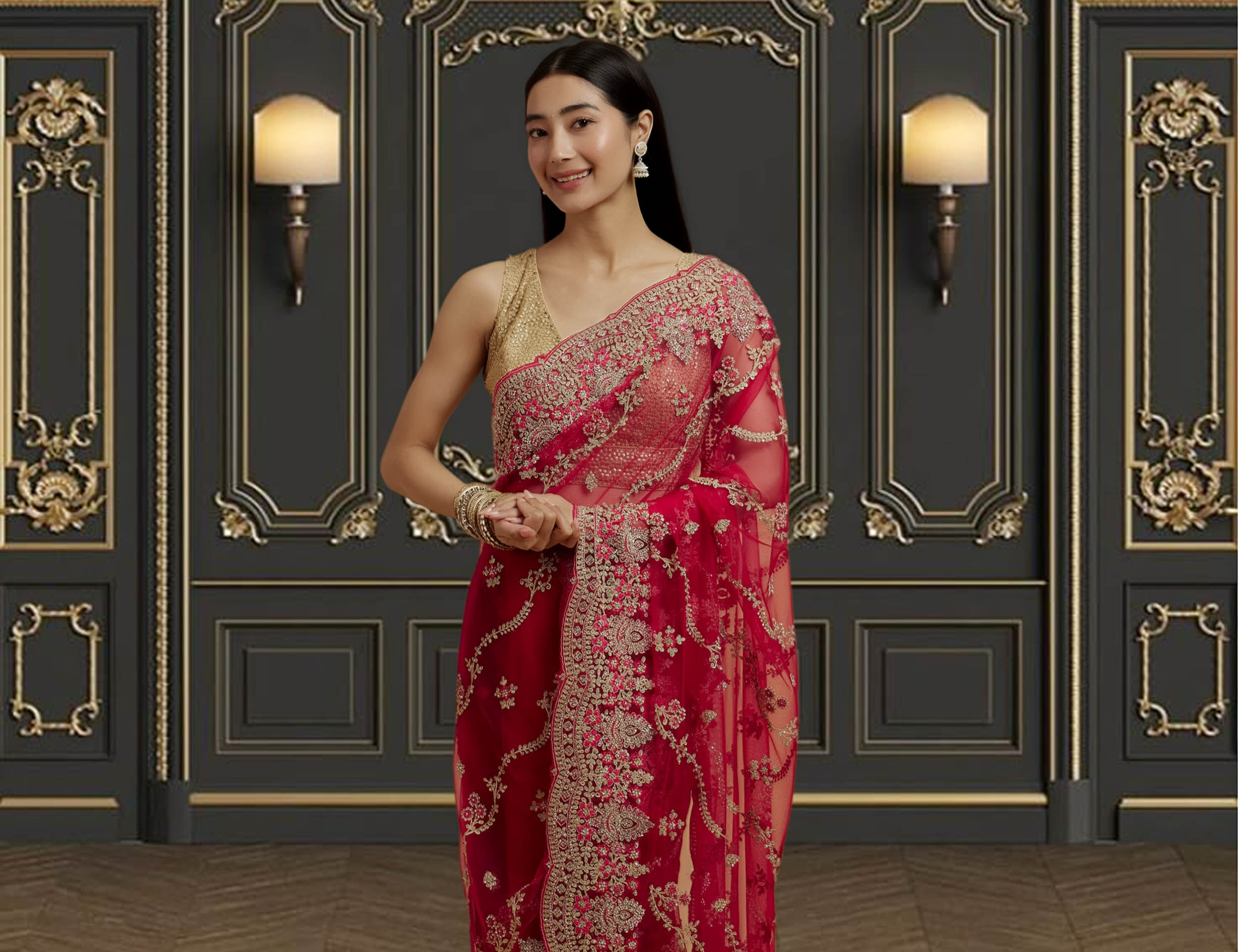 A woman wearing a beautiful embroidered red saree with intricate gold work, ready for a Diwali celebration.